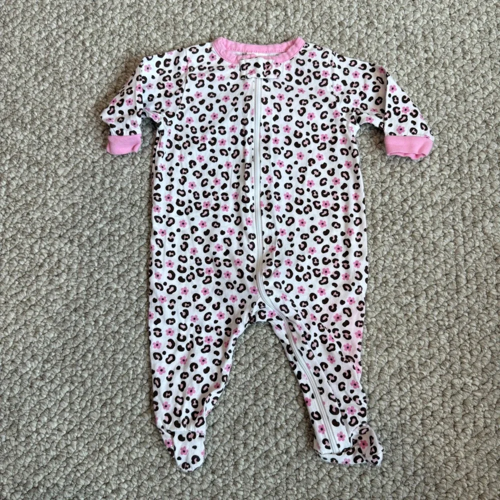 Gerber Baby Girls Pink Leopard Floral Footed Pajamas Sleep Play Size 0-3 Months